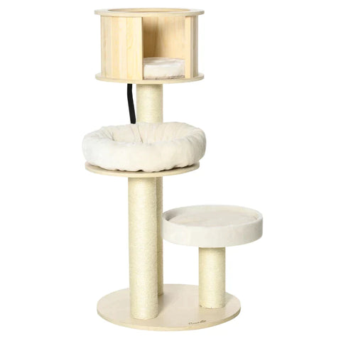 Rootz Scratching Post - Cat Tree - Climbing Tree - With Cat Cave - Sisal Posts - With Play Balls - Natural/Cream - 59.5 x 59.5 x 122 cm
