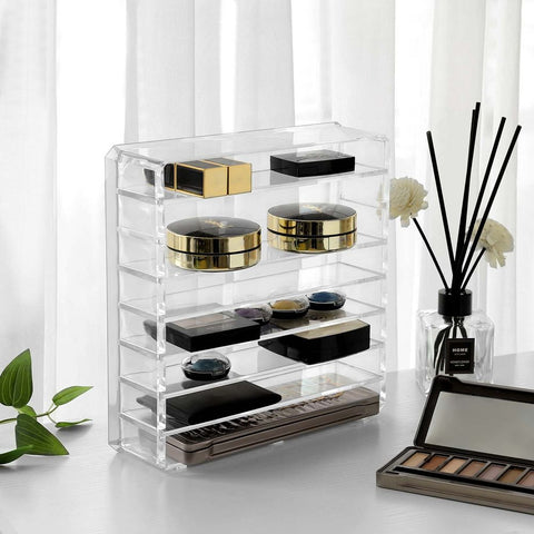 Rootz Makeup Organizer - Flexible Makeup Organizer - 7 Adjustable Shelves - Makeup Storage - Multi-compartment - Cosmetic Rack - Acrylic - Transparent - 23.5 x 24.5 x 7 cm (W x H x D)