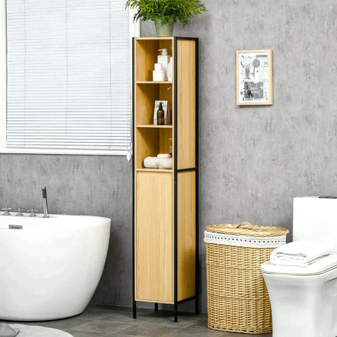 Rootz Bathroom Cabinet - Industrial Designed - 1 Cabinet - 3 Shelves - Black + Brown - 30cm x 28cm x 168cm
