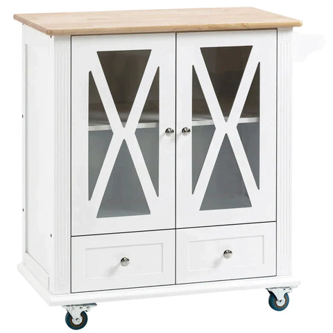 Rootz Kitchen Trolley - Serving Trolley - Kitchen Cabinet - With Hidden Wheels And Towel Rail - Country-style Kitchen Trolley - MDF - Natural+White - 80 x 45 x 92 cm