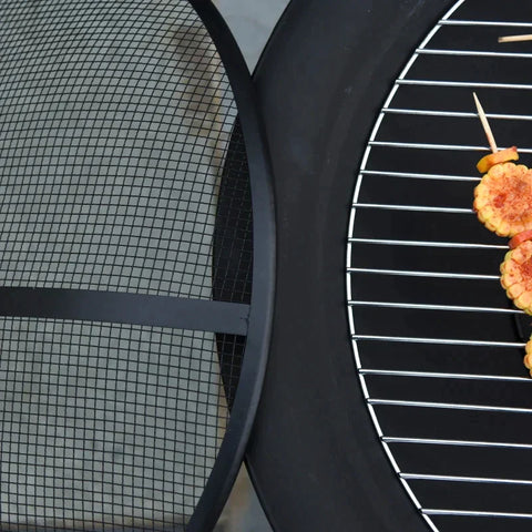 Rootz Fire Pit - 2-in-1 Fire Pit - Spark Guard Grill  - Garden BBQ - Grill Mesh Rack - Black - Ø75 x 55H cm