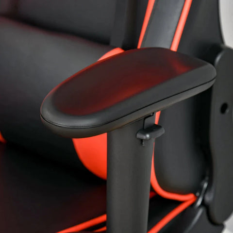 Rootz Gaming Stuhl – Bürostuhl – Ergonomischer Drehstuhl mit Kopfstütze – Stuhl mit Wipp- und Liegefunktion – Lendenkissen – 90–160° Neigungswinkel – Kunstleder – Schwarz + Rot – 72 x 72 x 121–130 cm