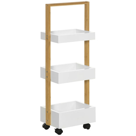 Rootz Rollable Shelf With 3 Storage Baskets - Bamboo Frame - 4 Wheels - Serving Trolley - MDF - White + Natural - 28 x 18 x 75 cm