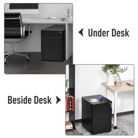 Rootz File Cabinet - Rolling Container - Office Container - 3 Drawers - Steel Metal - Home - Office - Black