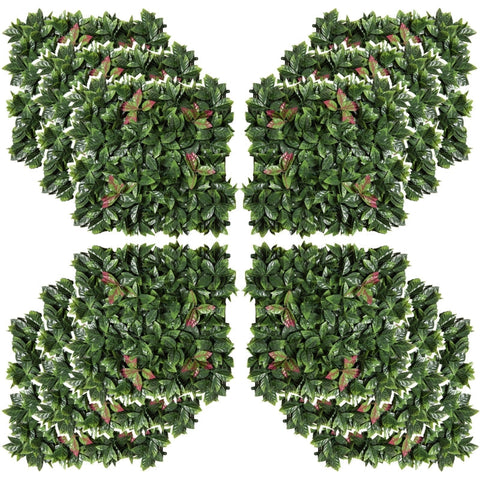 Rootz 12 Stuks Kunstplant - Wandpaneel - Tuinhek - Balkonhek - Woonkamer Muren - Groen + Rood - 50 x 50 cm