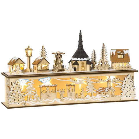 Rootz Christmas Village - Christmas Decoration - Snowy Christmas Village - 10 Leds - Warm White Light - Wood - Natural - 45 x 10 x 25cm