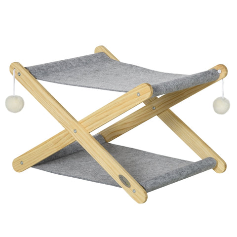Rootz Cat Bed - Dog Bed - Pet Bed - With Ball Toy - Foldable - With Frame 2 Levels -  Pine Wood - Natural/Gray - 52 x 42 x 33.5 cm