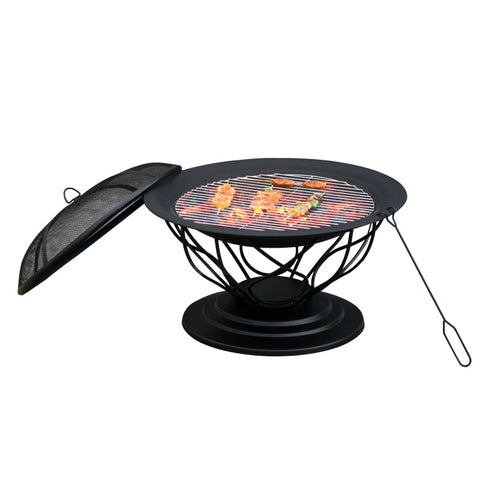 Rootz Fire Pit - 2-in-1 Fire Pit - Spark Guard Grill  - Garden BBQ - Grill Mesh Rack - Black - Ø75 x 55H cm