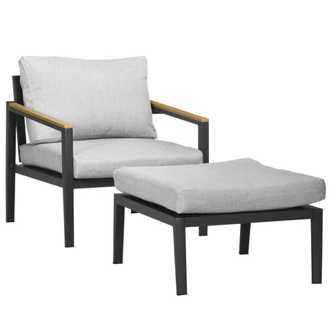 Rootz Sessel – Gartenstuhl mit Ottomane – abnehmbare Bezüge – wetterbeständig – Hellgrau + Schwarz – 73,5 cm x 74,5 cm x 73,5 cm