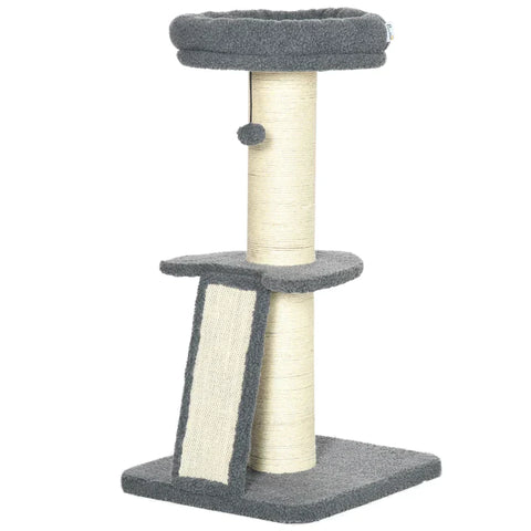 Rootz Scratching Post - One Platform - Hanging Play Ball - Sisal - Dark Grey + Cream White - 48 x 48 x 92cm