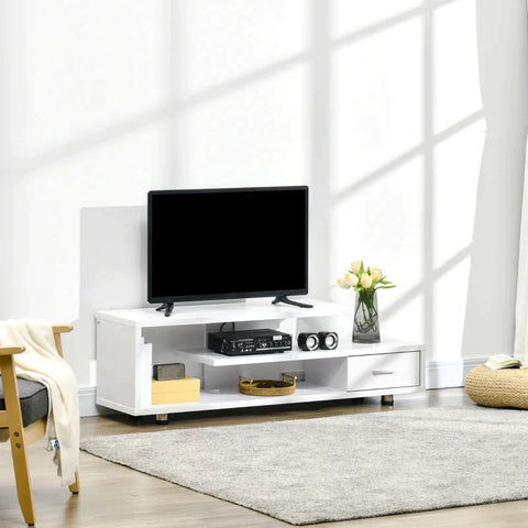 Rootz TV Cabinet - TV Table - 3 Shelves - 1 Drawer 4 Legs - Chipboard - White - 135 cm × 35 cm × 41.7 cm