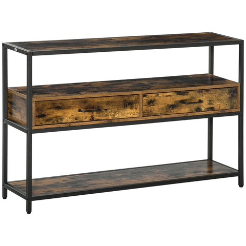 Rootz Console Tafel - Drie Brede Planken En Twee Laden - Industrieel Design - Rustiek Bruin + Zwart - 120 x 30 x 75,5 cm