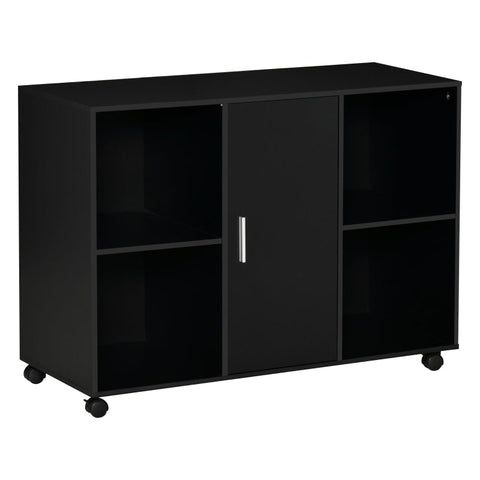 Rootz Printer Table - Printer Stand with Wheels - Filing Cabinet - Office Trolley - Trolley with 4 Compartments 1 Door - Black - 100 x 40 x 71 cm