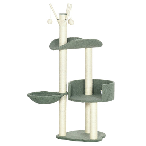 Rootz Scratching Post - Two Platforms - Lounger Basket - Toy Ball - Sisal - Green + Cream White - 44 x 43 x 123 cm