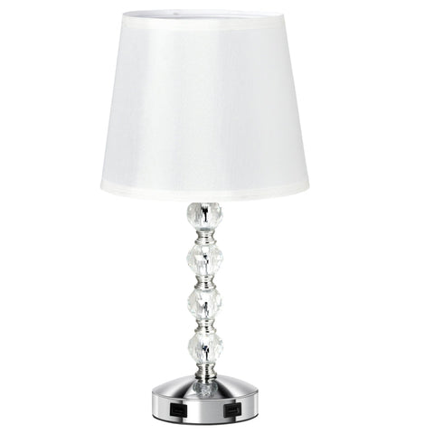 Rootz Table Lamp - Fabric Lampshade - Touch Sensor - USB Port - Crystal E27 - Living Room - Bedroom - Dining Room - White + Silver - Ø23 x 45H cm