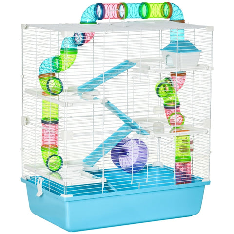 Rootz Small Animal Cage - Small Animal Hutch - Mouse Cage - With Ramp And Running Wheel - Pets Cage - Steel Wire/Plastic/PS - Light Blue/White - 59 x 36 x 69 cm