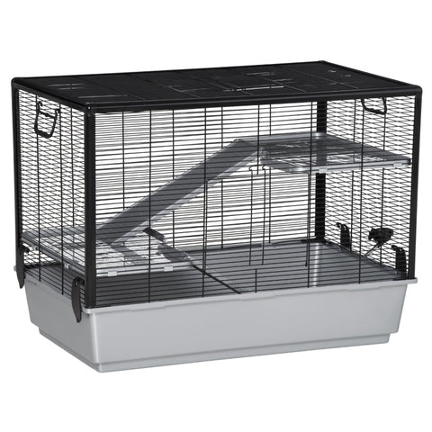 Rootz Small Animal Cage - Small Animal Hutch - Pets Cage - Small Animal Enclosure Rodent Cage - With Ramp - Steel/Aluminum - Plastic Black/Grey - 80 x 48 x 58 cm