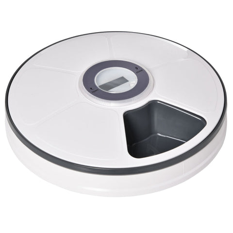 Rootz Pet Feeder - 6 Compartment Pet Feeder for Cats - Pet Feeder with Digital Timer - LED Display - White + Grey - Ø30.5 x 7.2H cm