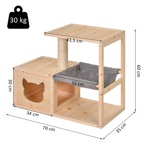 Rootz Kattenhuis - Kattenhuis met Hangmat - Kattengrot - Krabpaal - Kattenactiviteitencentrum - Dennenhout - Naturel - 70 x 35 x 60 cm