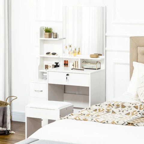 Rootz Dressing Table Set Including Stool - 4 Drawers - 1 Mirror - Chipboard - Tempered Glass - White