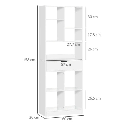 Rootz Bookshelf - Open Shelves - With 9 Shelves - And 1 Drawer - MDF - White - 60 cm x 26 cm x 158 cm