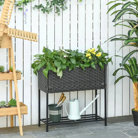 Rootz Flower Box - Raised Bed - Feet Flower Pot - Rattan Raised Bed - Shelf - Brown - 70 x 30 x 72 cm