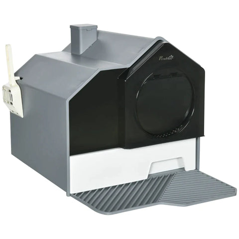 Rootz Hooded Cat Litter Tray with Scoop - Cat Litter Box with Drawer Pan - Handle - Deodorants - Hut Design - Front Entrance - Grey - 47 x 45 x 42cm