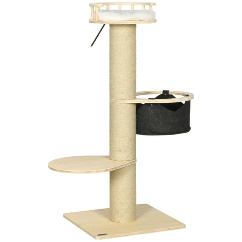 Rootz Scratching Post - With Lying Platform - Seat Platform - Hammock - Lounger Cushion - Natural Wood - 50 x 50 x 114 cm