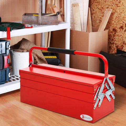 Rootz Tool Box - Metal Tool Box - Workshop Cantilever Toolbox - Portable Storage Cabinet - Foldable Tool Box - 5 Compartments Tool Box - With Carry Handle - Red - 56 x 20 x 41 cm