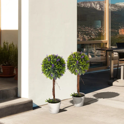 Rootz Set Of 2 Artificial Plants - Including Planter And Artificial Moss - Artificial Lavender Stems - White + Green + Purple - 24cm x 24cm x 60cm