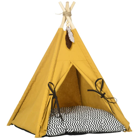 Rootz Pet Bed - Funny Teepee Design - with Soft Lounger Cushion - Floor Mat - for Dogs and Cats - Yellow - 60 x 60 x 76 cm