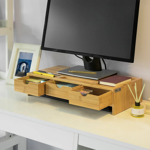 Rootz Bamboe Monitorstandaard Computerscherm - Monitorstandaard Monitor Riser Bureau-organizer met 3 laden