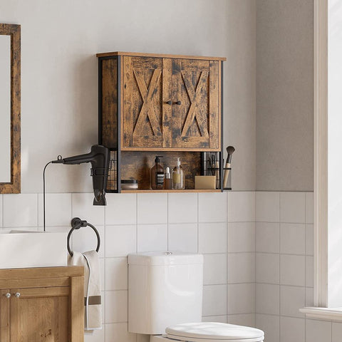 Rootz Wandschrank – Aufbewahrungskorb – Aufbewahrungsschrank – Badezimmerschrank – Badezimmer-Wandschrank – Spanplatte/Stahl – Vintage Braun-Schwarz – 60 x 16 x 60 cm