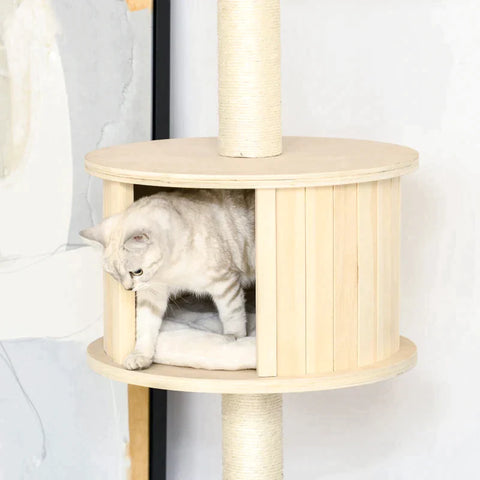 Rootz Krabpaal - Krabpaal - Klimboom voor hoog plafond - Houten kattengrot - Sisal pluche - In hoogte verstelbaar - Crème - 50 x 50 x 232-252 cm