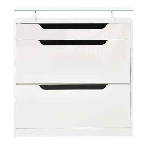 Rootz Shoe Cabinet - Three-drawer Shoe Cabinet - Shoe Rack - Tipping Bucket With Flap Door - Glass Top & Adjustable Shelf - White - 89 x 23 x 96 cm