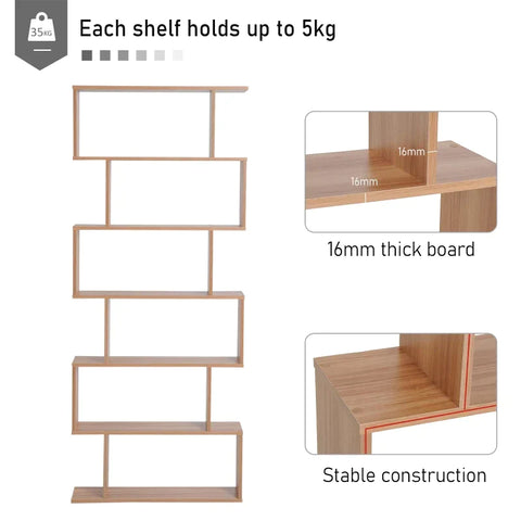 Rootz Bookshelf - Wall Shelf - S-shaped Shelf - 6 Compartments - Standing Shelf - L80 X W23 X H192 Cm
