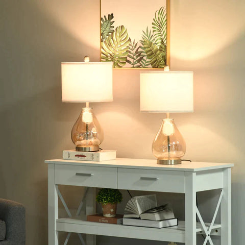 Rootz Table Lamps - Modern 2-set Table Lamps - Lamps E27 - Bedside Lamp - Linen Lampshade - White/Silver/Amber