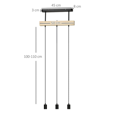 Rootz Hanglamp - Hanglamp - 3-lamps - In hoogte verstelbaar - Industrieel Design - Metaal + Hout - Zwart - 50L x 8W x 33H cm