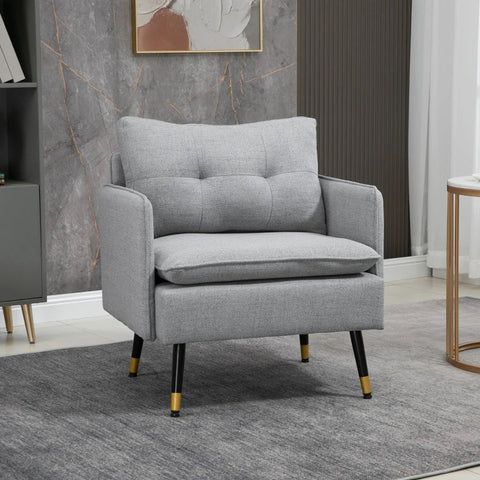 Rootz Accent Chair - Upholstered Chair - Bedroom - Linen Look Upper - Removable Cushions - Living Room - Button Stitch - Black + Gold + Gray - 76L x 68W x 80H cm