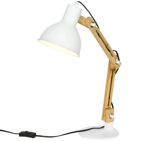 Rootz Bureaulamp - Lezen Omgevingslicht - Vintage Design - Led-lampen - Bamboe Verstelbaar - Draaiarm - Wit Metaal - Wit + Natuurlijk - 36L x 15,5W x 50H cm