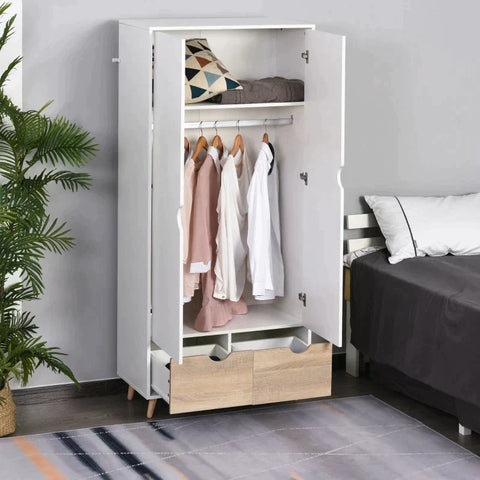 Rootz Wardrobe - Wardrobe With Rod Drawer - Living Room - Bedroom - White/Natural - 80 x 40 x 180 cm