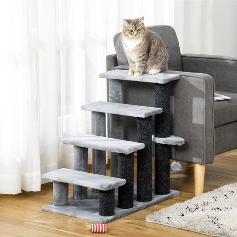 Rootz Pet Stairs - Kattentrap met Krabpaal - 4-Trede Hondentrap - Dierentrap - Spaanplaat - Pluche - Grijs - 60 x 40 x 64 cm