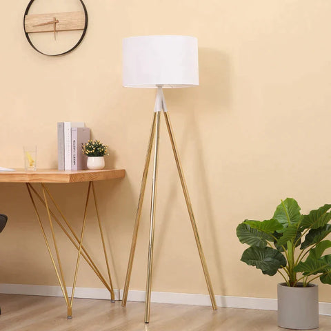 Rootz Floor Lamp - Tripod Floor Lamp - Modern Floor Lamp With E27 Socket - Living Room - Bedroom - Study - White + Gold - 53 cm x 53 cm x 144 cm