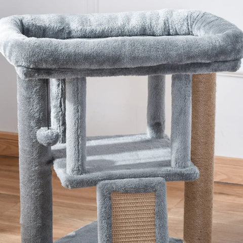 Rootz Cat Tree - Cat Tree with Jute Scratch Mat - Hanging Ball - Scratcher Board - Cat Furniture with Door Hole - Pet Furniture - Light Grey - 40 x 40 x 57 cm