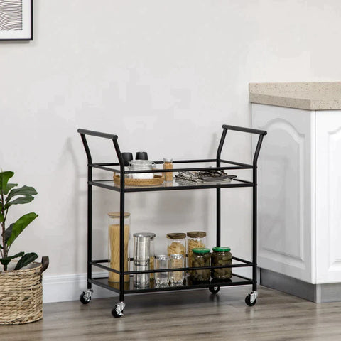 Rootz Kitchen Trolley - Serving Trolley - With 4 Wheels - 2 Shelves And Handles - Black - 75 cm x 40 cm x 80 cm