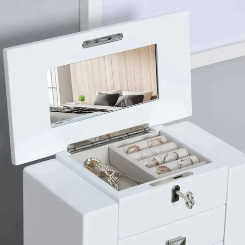 Rootz Jewelry Box - Jewelry Cabinet - Jewelry Chest Of Drawers With Mirror - Storage Cabinet With Drawers - Jewelry Box With Handle - White - 25x14x34.5cm
