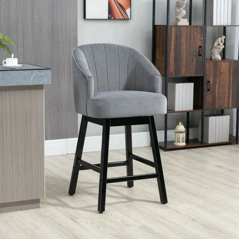 Rootz Stool - Bar Stool - Rotatable Stool - Elegant Cover - Soft Upholstery - Footrest - Rubber Wood - Grey - 60 x 60 x 112 cm