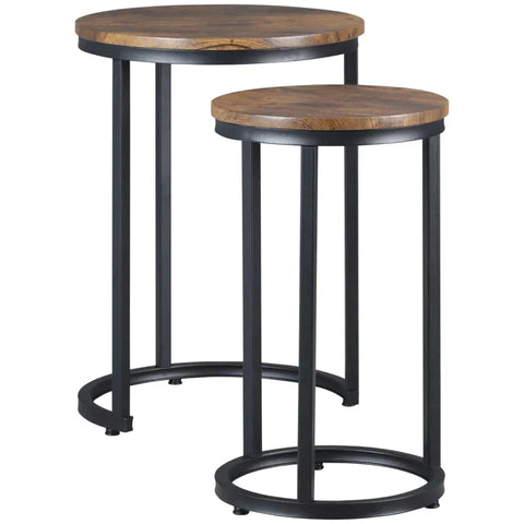 Rootz Set Of 2 Side Tables - Industrial Design - Stackable - Rustic Wood Grain - Metal Frame - Living Room - Brown + Black - 40 cm x 40 cm x 56 cm