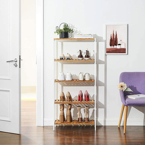 Rootz Shelf - Shelf With 5 Levels - Wall Shelf - Floating Shelf - Bookshelf - Corner Shelf - Wooden Shelf - Industrial Shelf - Wall-mounted Shelf - White Natural - 60 x 26 x 130 cm (L x W x H)