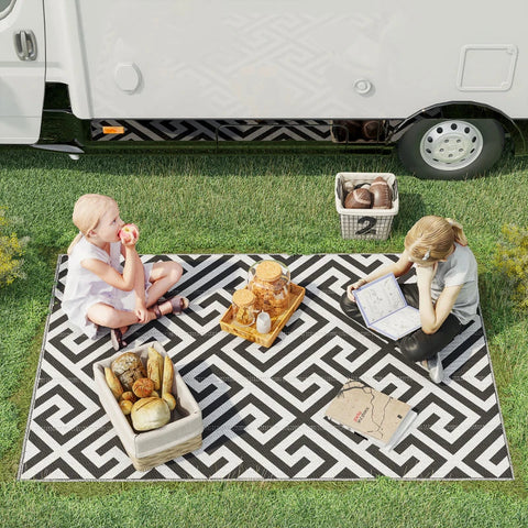 Rootz Outdoor Rug - Reversible - Durable - Edge To Prevent Fraying - Black + White - 121 x 182 cm